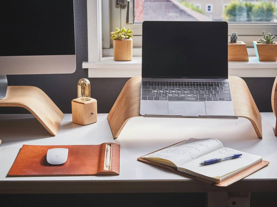 Free A stylish and contemporary home office setup with laptop and desk accessories. Stock Photo